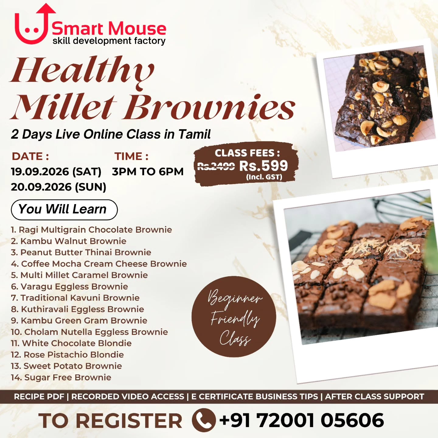 Healthy Millet Brownies - 2 Days live online class in Tamil